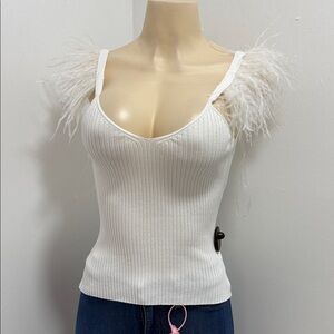 Elegant White Feather Trimmed Women's Top